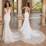Runhufu V-Neck Mermaid Wedding Dresses With Long Train 2023 Lace Appliques Elegant Bride Gown For Women Sleeveless Backless