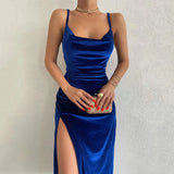 Runhufu Elegant Velvet Spaghetti Straps Dresses Vintage Women Cowl V-Neck High Split Bodycon Dress Party Club Evening Vestidos