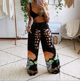 Runhufu Print Pants Sets High Street Summer Women Two Pieces Outfits Strap Bra Bustier+High Waist Wide Leg Pants Chic Lady Set