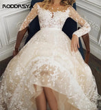Runhufu Scoop Neck Long Sleeves Champagne Wedding Dress Sexy Open Back Tulle Lace Applique Bridal Dress A-line vestidos noiva