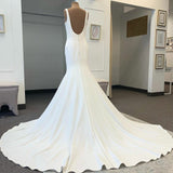 Runhufu Simple Mermaid Satin Wedding Dresses Square Neck Bridal Gowns Backless With Buttons Brides Dress Robes de mariée