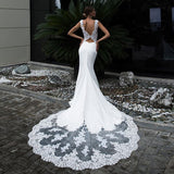 Runhufu Sleeveless Mermaid Wedding Dresses 2023 Sheer Scoop Neck Lace Appliques Vintage Bridal Gown Blackless Sweep Train