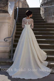 Runhufu A Line Wedding Dresses with Lace Long Sleeves Sweetheart Zipper Back Floor Length Pleated Satin Robe de Mariage