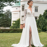 Runhufu 2024 Summer Beach Wedding Dress V Neck Long Sleeve Full Length Chiffon Front Slit Cheap Bohemian Bride Gowns