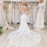 Runhufu V-Neck Sleeveless Wedding Dresses Lace Appliques Illusion Backless Mermaid Bride Gown Zipper Button Vestidos De Noiva