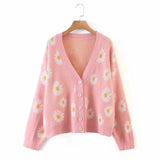 Runhufu Button Down Sweater Cardigan Women Loose Knit Coat Autumn Spring Casual Lady Long Sleeve V Neck Floral Outerwear Sweater