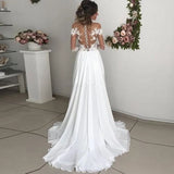 Runhufu Lace Split Wedding Dresses Sweetheart Long Sleeves A-Line Chiffon Applique Simple Boho Long Vestido De Noiva Bridal Gown