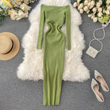 Runhufu Slash Neck Knitted Dress Women Sexy Off Shoulder Cross Elastic Warm Dress Autumn Winter Fashion Sweater Bodycon Dress
