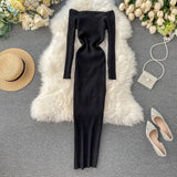 Runhufu Slash Neck Knitted Dress Women Sexy Off Shoulder Cross Elastic Warm Dress Autumn Winter Fashion Sweater Bodycon Dress