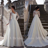Runhufu A Line Wedding Dresses with Lace Long Sleeves Sweetheart Zipper Back Floor Length Pleated Satin Robe de Mariage