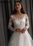 Runhufu A line Lace Appliques Long Sleeve Glitter Wedding Dress Sequins Illusion Back Beach Bridal Gowns vestido de noiva