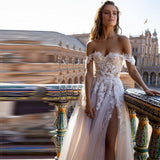 Runhufu Lace Appliques Tulle Wedding Dress For Women 2023 Sexy Beach Off The Shoulder High Side Split A-Line Backless Bridal Gown