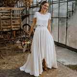 Runhufu Latest Two Pieces Lace Bridal Wedding Dresses Jewel Neck Short Sleeves Gowns High Low Skirt 2024