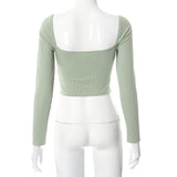 Runhufu Hollow-Out V-neck Long Sleeve Crop Tops Spring Fall Casual Fashion Women Square Collar Slim Ribbed T-Shirts Backless Tee