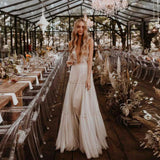 Runhufu Deep V-Neck Wedding Dresses Nude Champagne Ruffles Tulle Sleeveless Bridal Gowns A Line Sexy Country Style Robe De Mariee