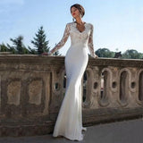 Runhufu Lace Long Sleeve Mermaid Wedding Dress For Women With Train Elastic Appliques Bridal Gown Zipper Back Custom Made