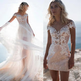 Runhufu Beach Short Wedding Dresses 2 Pieces Detachable Train Beading Appliques Lace Bridal Gown Customize Cap Sleeve