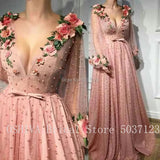 Runhufu Full Beads Long Evening Dresses Lace Appliques 3D Flowers V-Neckline Full Sleeves Floor Length Evening Formal Party Gowns