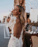Runhufu Bohemian Wedding Dresses Lace V-Neck Elegant Wedding Gown Boho Beach Bridal Dress Long Sleeves Open Back vestido novia