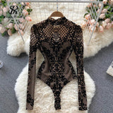 Runhufu Women Sexy Backless Rompers Fashion Korean Style Bodycon Jumpsuits 2024 Autumn Streetwear Slim Short Print Bodysuits