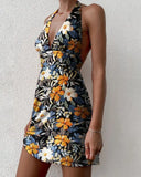 Runhufu New Flowers Halter Tie Up Short Sundress Women Sexy Sleeveless Deep V Neck A-Line Summer Party Club Backless Mini Dress