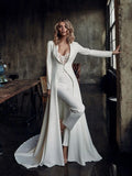 Runhufu Wedding Jumpsuits Lace Long Jacket With Train Appliqued Sweetheart Bridal Pants Suit Custom Made Beach Robe De Mariee