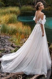 Runhufu Off the Shoulder Wedding Dresses V-neck Beading Straps 3D Flowers Appliques Open Back Bridal Gowns Robe de Mariee
