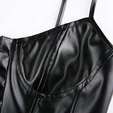 Runhufu Women's Corset Sexy Black PU Leather Bustier Crop Top Fashion Lady Sleeveless Strap Camis Clubwear Summer Low-cut Slim Camis