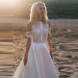 Runhufu Boho Satin Off The Shoulder Wedding Dresses Princess O-Neck A-Line Lace Appliques Illusion Back With Button Bridal Gowns