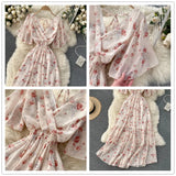 Runhufu Women Chiffon Floral Long Dress Korean V Neck Short Sleeve Ruched A-line Dresses Summer Bohemian Print Beach Dress