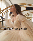 Runhufu Wedding Dresses with Detachable Puffy Sleeves Lace Appliques Pleated Long Boho Wedding Gown Champagne Bride Dress