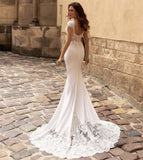Runhufu Mermaid Wedding Dresses 2023 Cap Sleeve V-Neck Lace Appliques Sequined Sexy Open Back Sweep Train Ivory Bride Gown