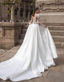 Runhufu Elegant Satin Wedding Dresses Long Sleeve Lace Bride Gown Illusion Back Wedding Gown Covered Back Vestido de novia 2023