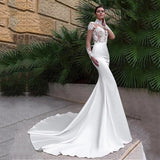 Runhufu High Neck Long Sleeve Mermaid Wedding Dress Satin 2023 Lace Appliques Bridal Gown With Bow Gorgeous Train Button Back