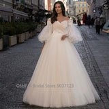 Runhufu Wedding Dresses with Detachable Puffy Sleeves Lace Appliques Pleated Long Boho Wedding Gown Champagne Bride Dress