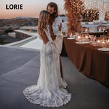 Runhufu Bohemian Wedding Dresses Lace V-Neck Elegant Wedding Gown Boho Beach Bridal Dress Long Sleeves Open Back vestido novia