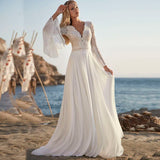 Runhufu Summer Ivory Boho Bridal Wedding Gowns Lace Long Flare Sleeves V Neckline Open Back Beach Dresses 2024 On Sale