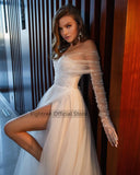 Runhufu Champagne Wedding Dresses Sexy Split Side Dots Tulle Long Sleeve Bride Dress 2024 Off Shoulder Cheap Wedding Gowns Plus