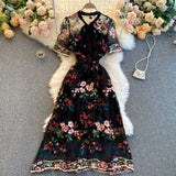 Runhufu Chic Mesh Embroidery Flower Dress Women French Bow Collar Short Sleeve A-line Dress Summer Elegant Retro Holiday Dress