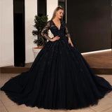 Runhufu Ball Gown Black Wedding Dresses Sequin Lace Appliques Bridal Gowns with Long Sleeve Lace-up Princess Party Dress Plus Size