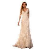 Bride Long-Sleeved Wedding Dress 2025 Summer New Simple Thin Deep V Collar Dew Small Tail Shot Soft Yarn Lace