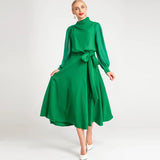 runhufu Spring And Summer Women's New Sexy Irregular Collar Long Sleeves Long-Sleeved Puffy Green Dress Dress Dress