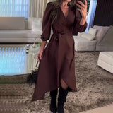 runhufu Women's Autumn V-Neck Long-Sleeved Collar With Irregular Dress