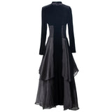 runhufu Stitching Tulle Sexy V Collar Long Sleeve Lotus Side Black Cake Dress Women's Spring 2025