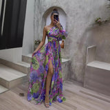 runhufu New Women's Sexy Slant Shoulder Shoulder Long Sleeves Crumped Floral Dress Dress High-End Big Smash Floral Dress