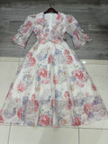 runhufu Style Dress 2025 Summer V-Neck Bubble Sleeves Mid-Sleeve Fresh Sweet Three-Dimensional Flower Print Dress