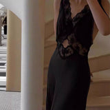 runhufu Lazy French Holiday Long Lace Dress Sexy Pure Hot Girl Show Back V-Neck Dress Girl