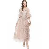 runhufu Industry Embroidered Short Sleeve Splicing Round Collar Lotus Leaf Side Long Dress Dress Autumn And Winter Women's Dress New