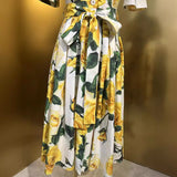 runhufu Rose Print Short Sleeve Single Buckle With Waist Cotton Dress Spring And Summer Women's New 2024