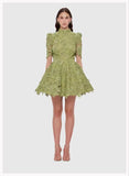 runhufu Fluffy Miniskirt 2024 Early Spring Collar Short Sleeve With Belt Water-Soluble Lace Dress Skirt